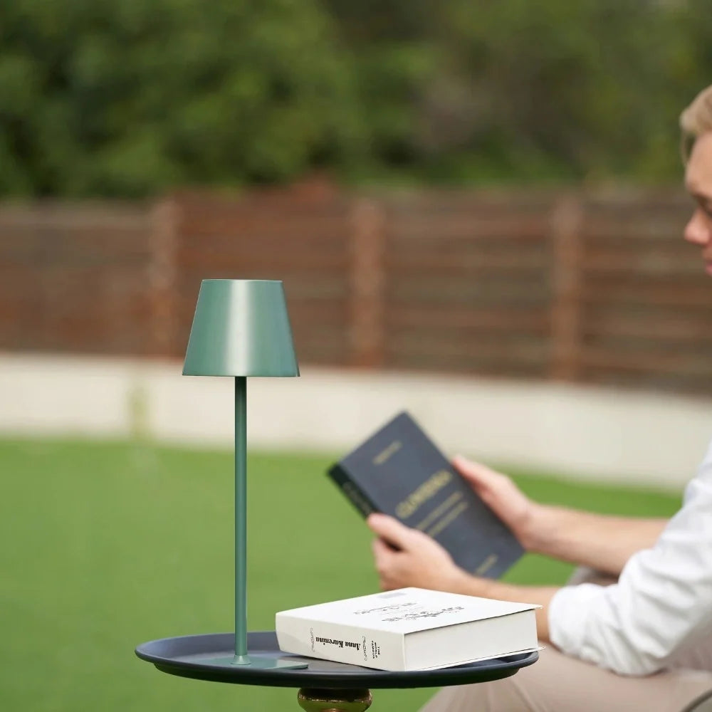 Cordless dimmable tall table lamp with sleek metal stem and warm LED light. 11