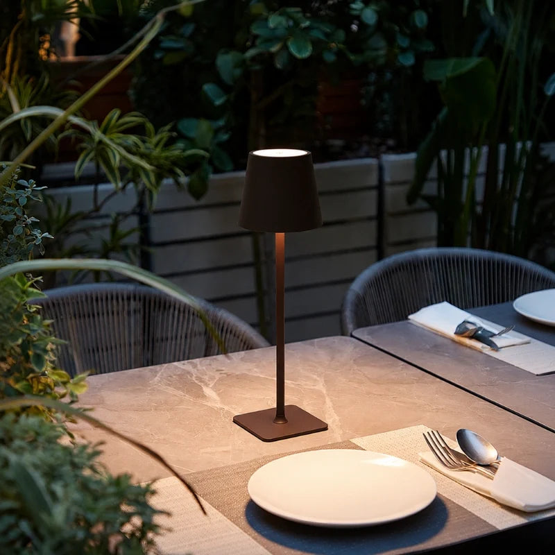 Cordless dimmable tall table lamp with sleek metal stem and warm LED light. 14