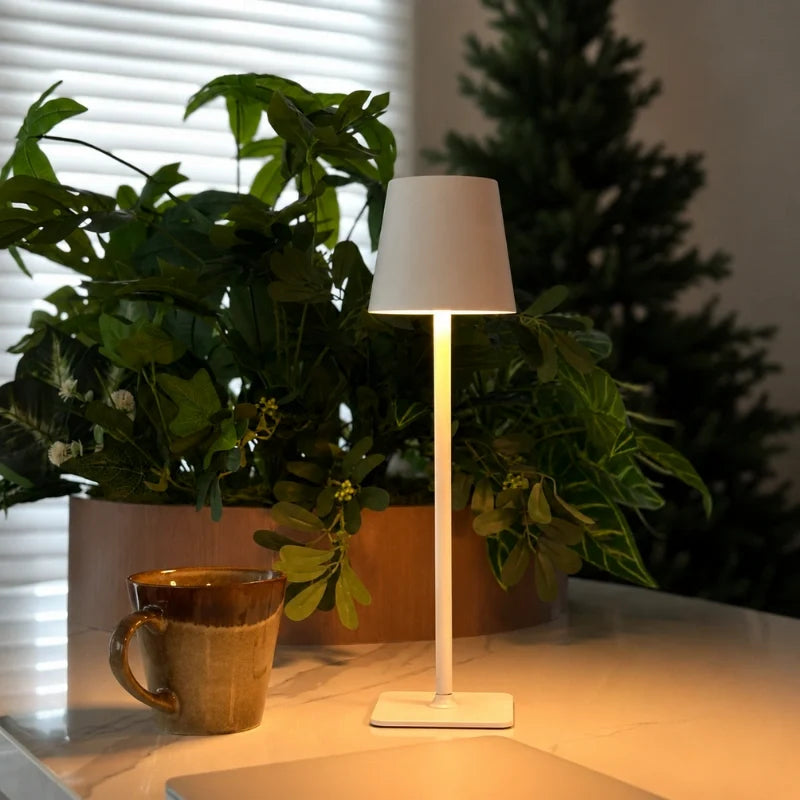 Cordless dimmable tall table lamp with sleek metal stem and warm LED light. 20