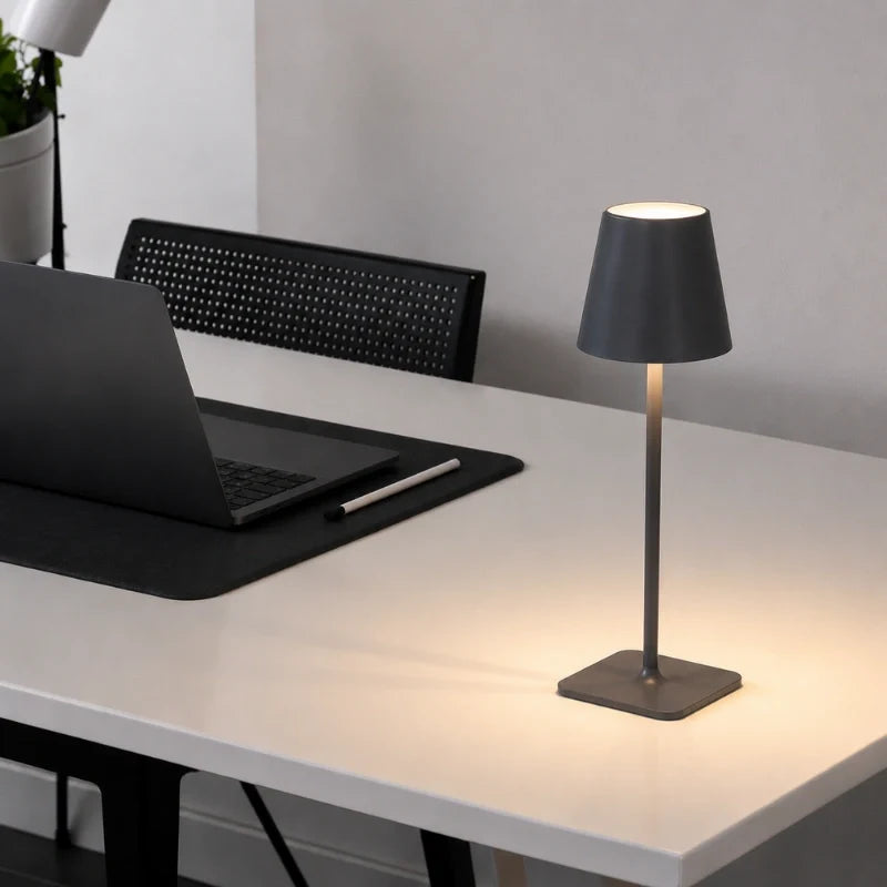 Cordless dimmable tall table lamp with sleek metal stem and warm LED light. 24