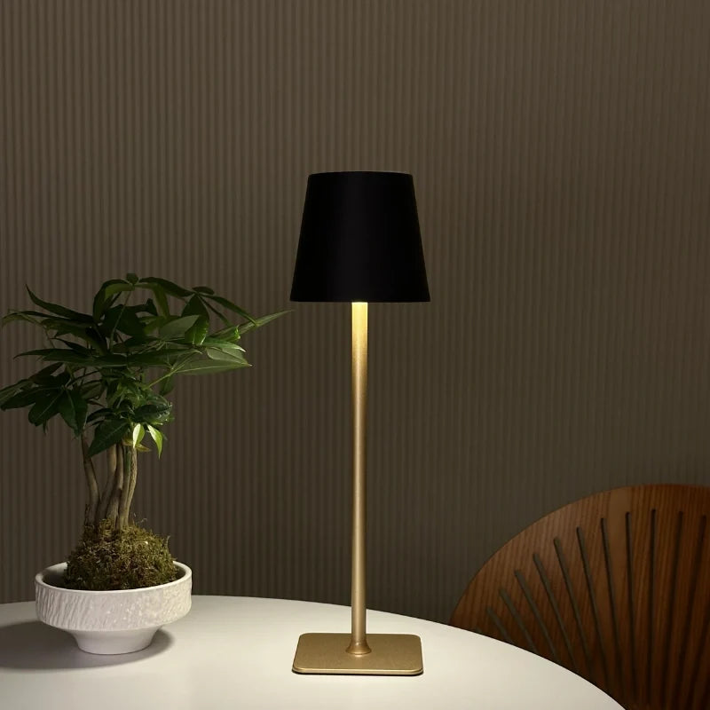Cordless dimmable tall table lamp with sleek metal stem and warm LED light. 29