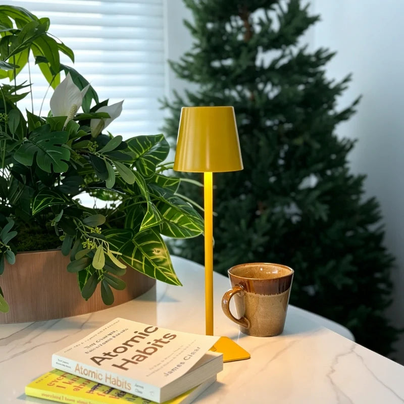 Cordless dimmable tall table lamp with sleek metal stem and warm LED light. 32
