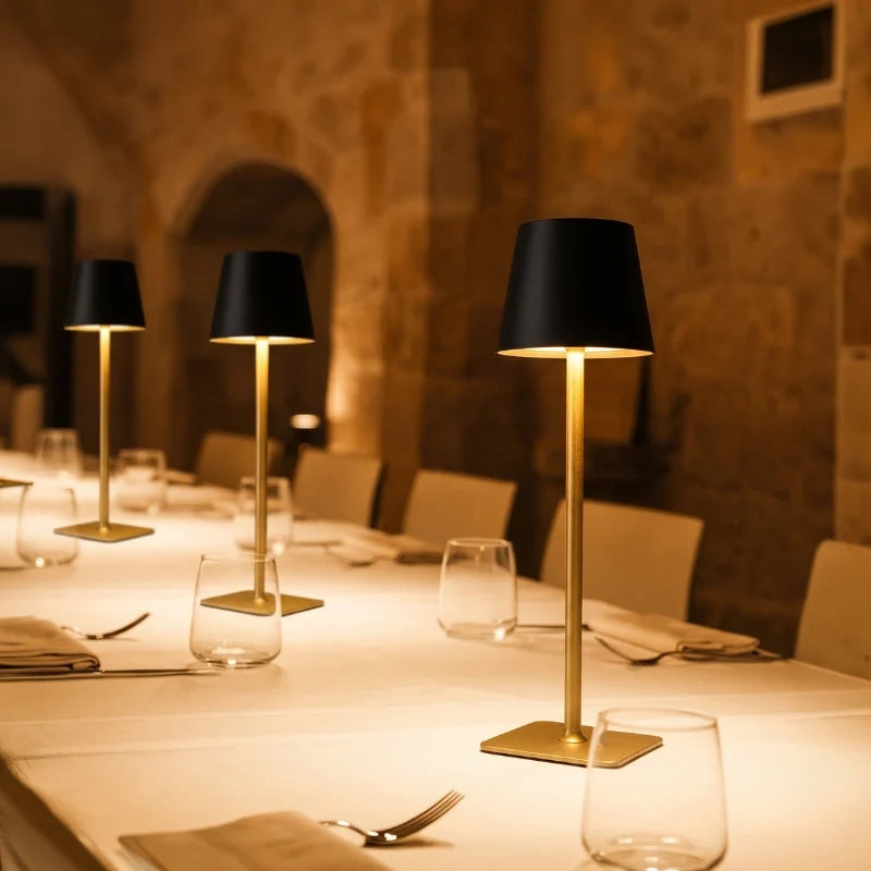 Cordless dimmable tall table lamp with sleek metal stem and warm LED light. 34