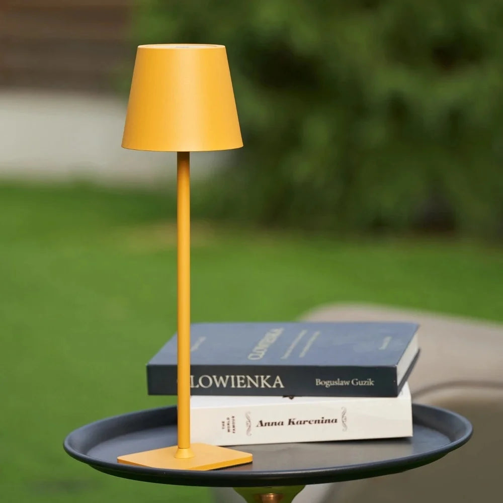Cordless dimmable tall table lamp with sleek metal stem and warm LED light. 4