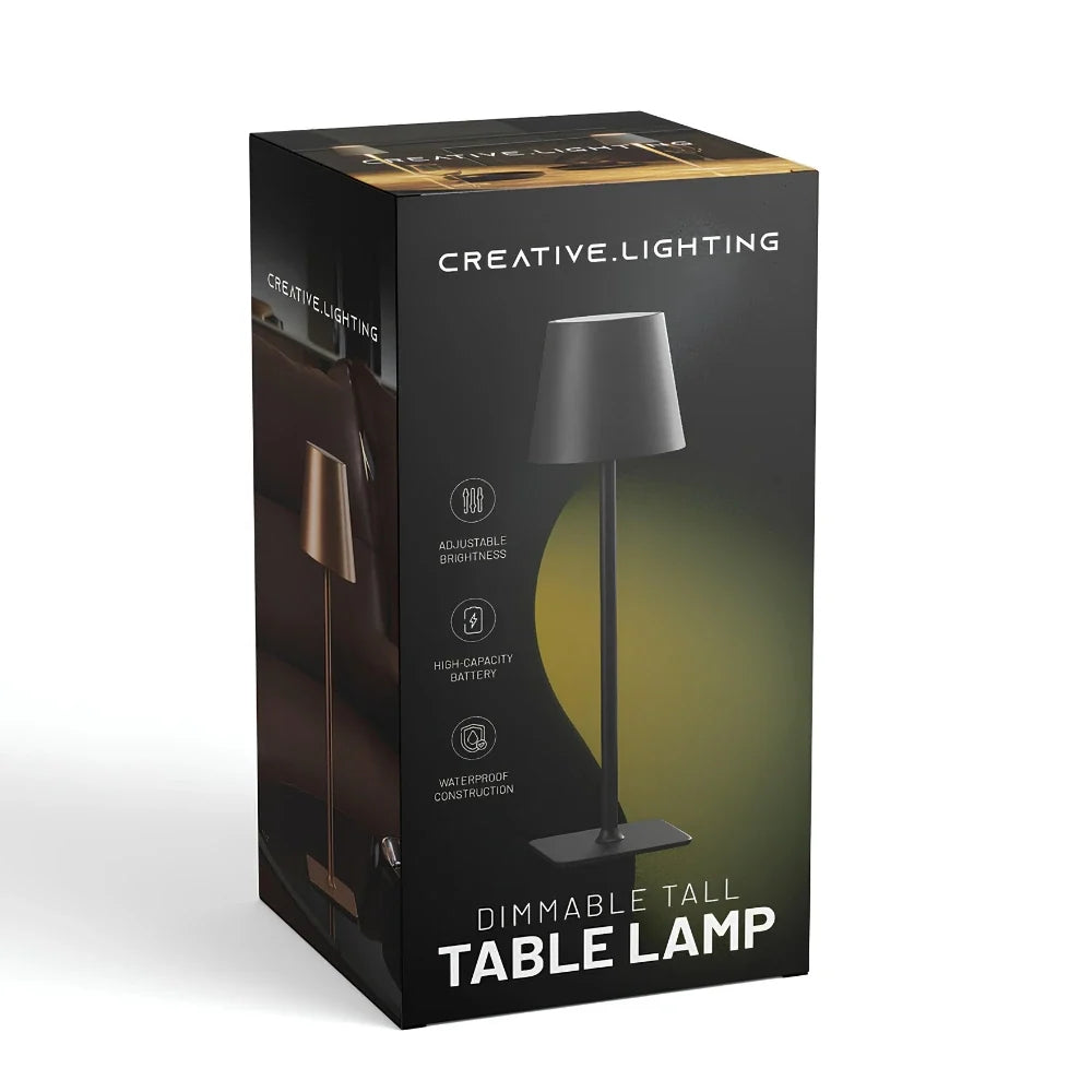Cordless dimmable tall table lamp with sleek metal stem and warm LED light. 44