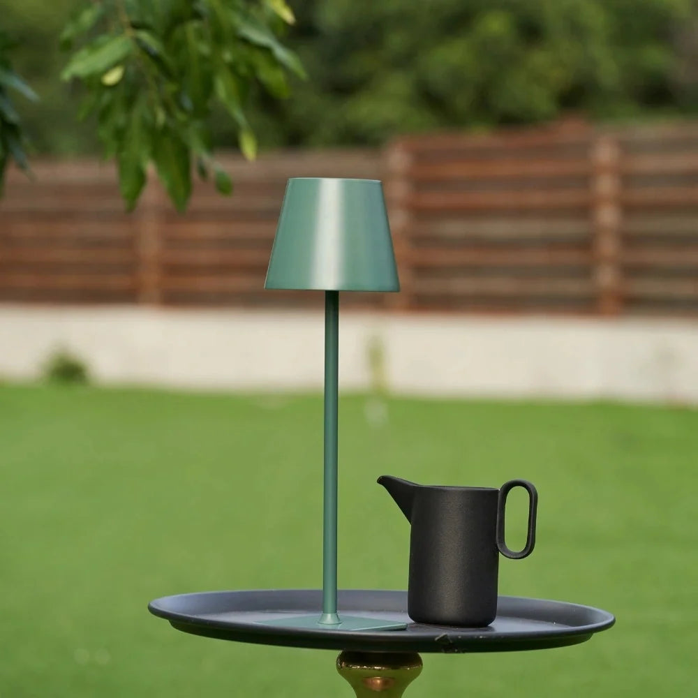 Cordless dimmable tall table lamp with sleek metal stem and warm LED light. 7