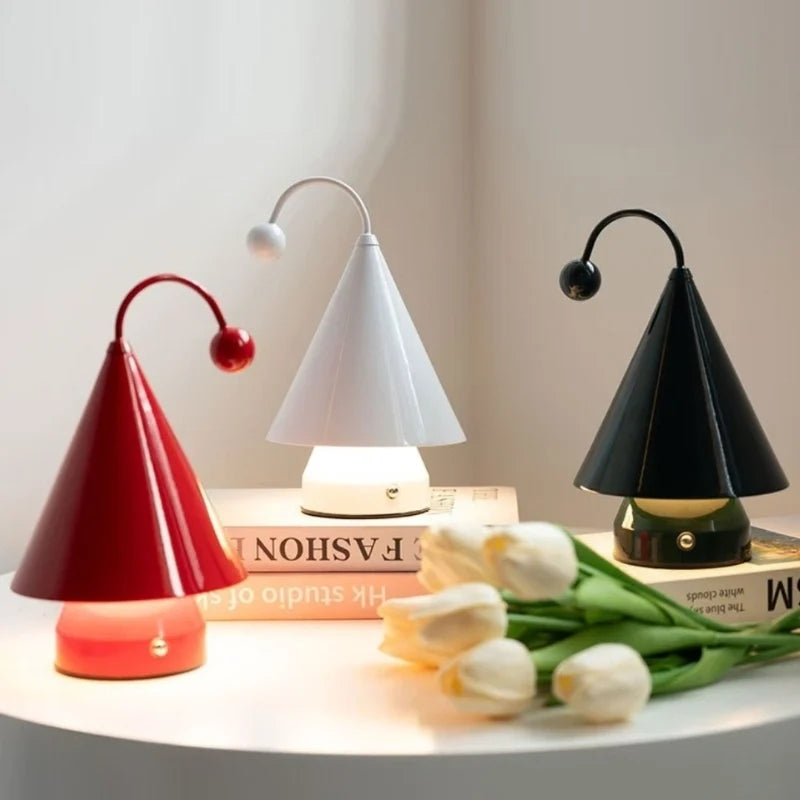 Cordless GlowCap cone table lamp with dimmable LED and rechargeable battery
