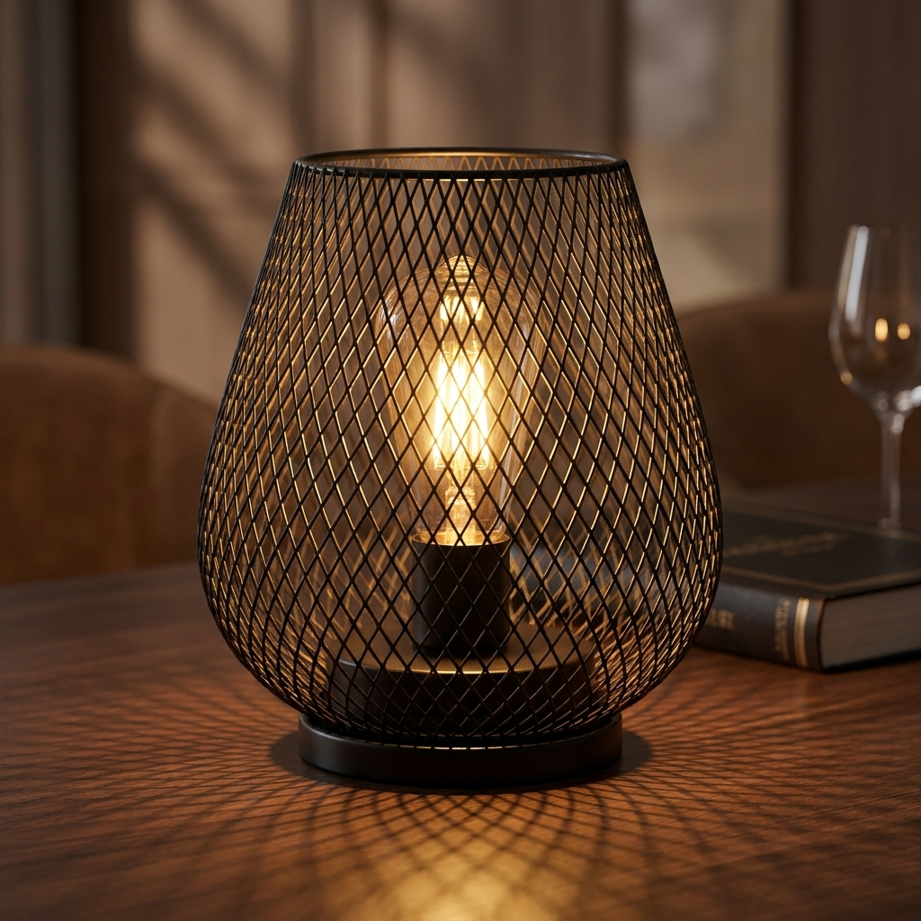 Cordless metal cage table lamp with warm light for indoor and outdoor use.