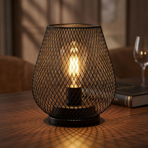 Cordless metal cage table lamp with warm light for indoor and outdoor use.