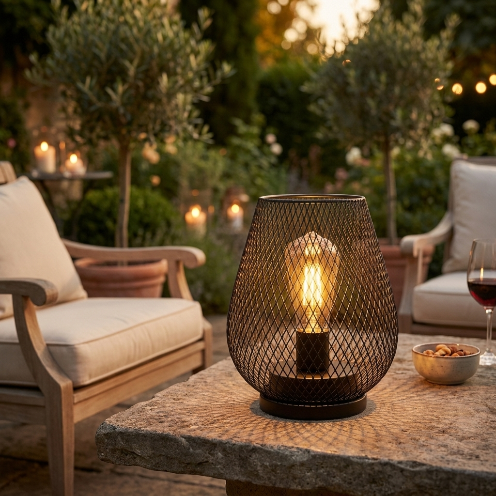 Cordless metal cage table lamp with warm light for indoor and outdoor use. 2