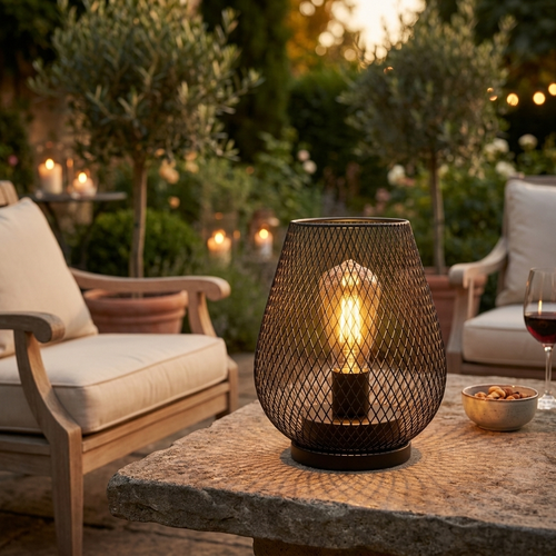 Cordless metal cage table lamp with warm light for indoor and outdoor use. 2