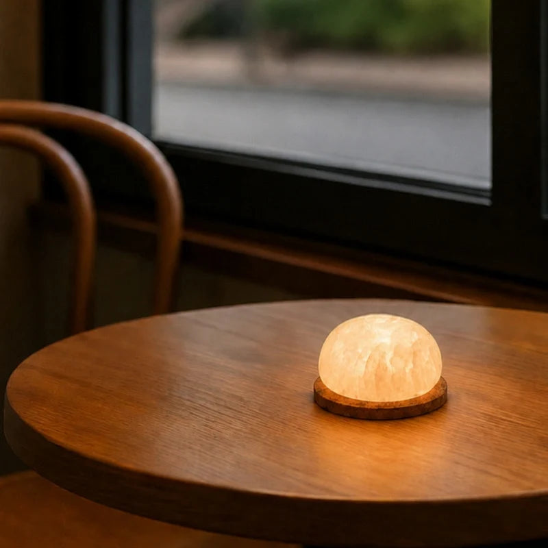 Handcrafted cordless mineral glow lamp with warm ambient light on a table 4