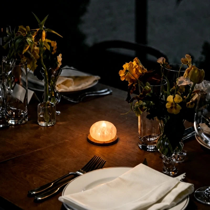 Handcrafted cordless mineral glow lamp with warm ambient light on a table 5