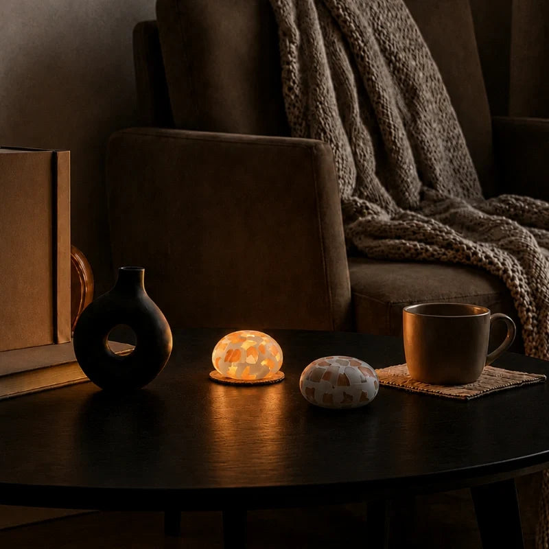 Handcrafted cordless mineral glow lamp with warm ambient light on a table 7