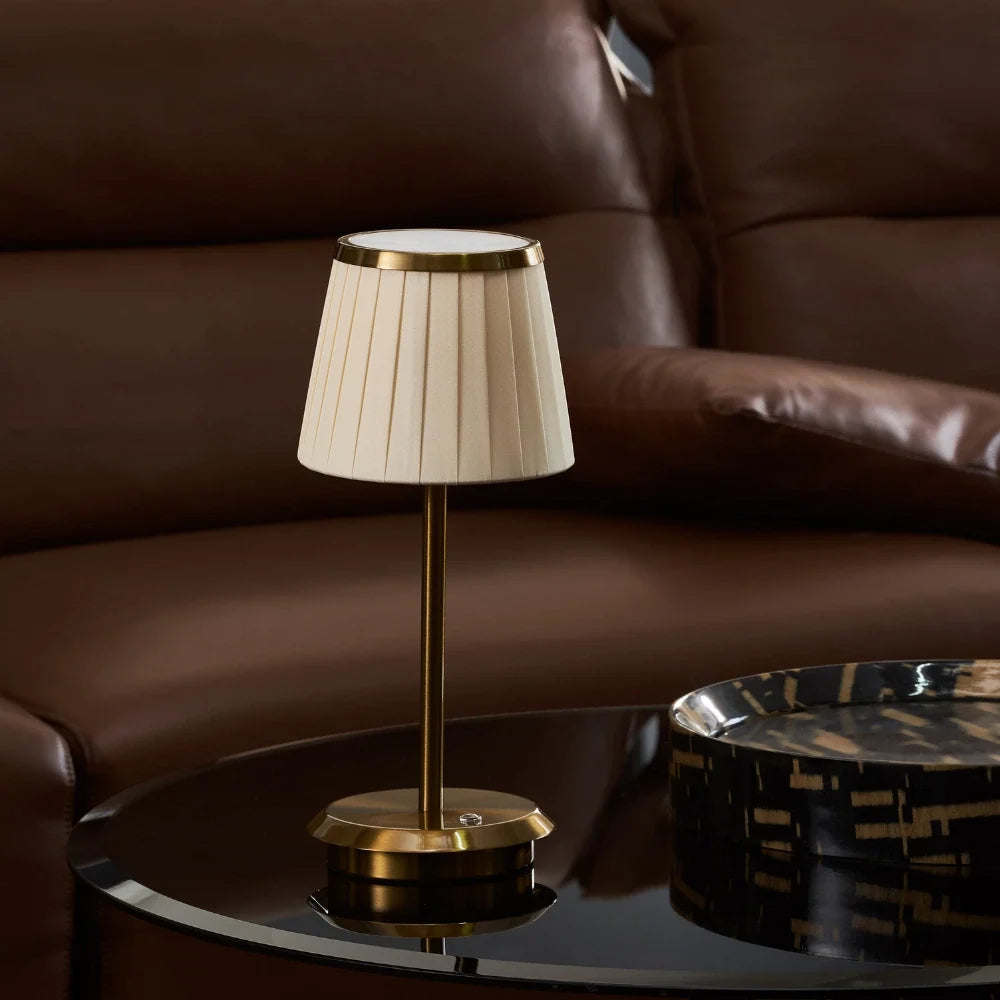 Cordless pleated fabric table lamp with elegant iron base and rechargeable LED lighting 13