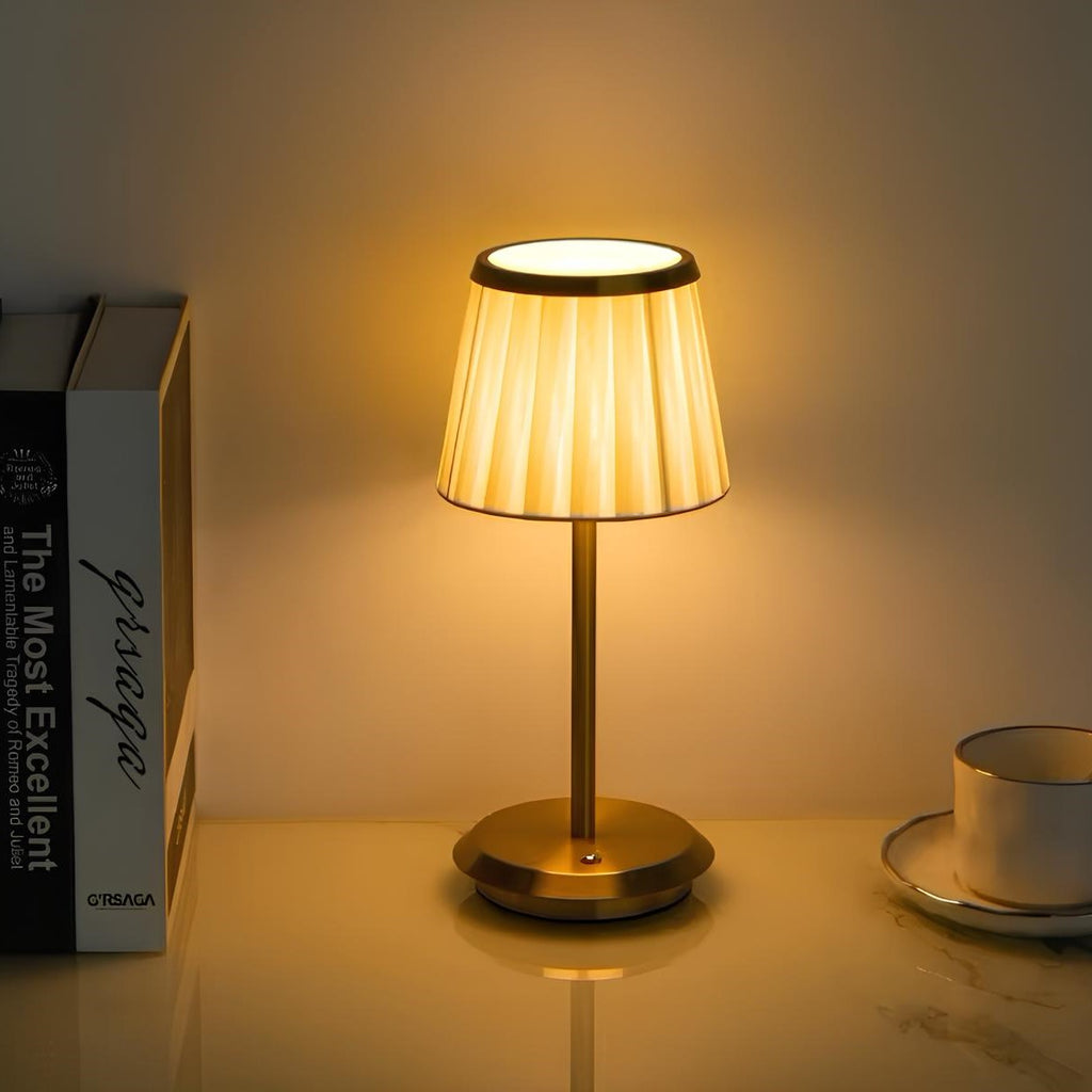 Cordless pleated fabric table lamp with elegant iron base and rechargeable LED lighting 14
