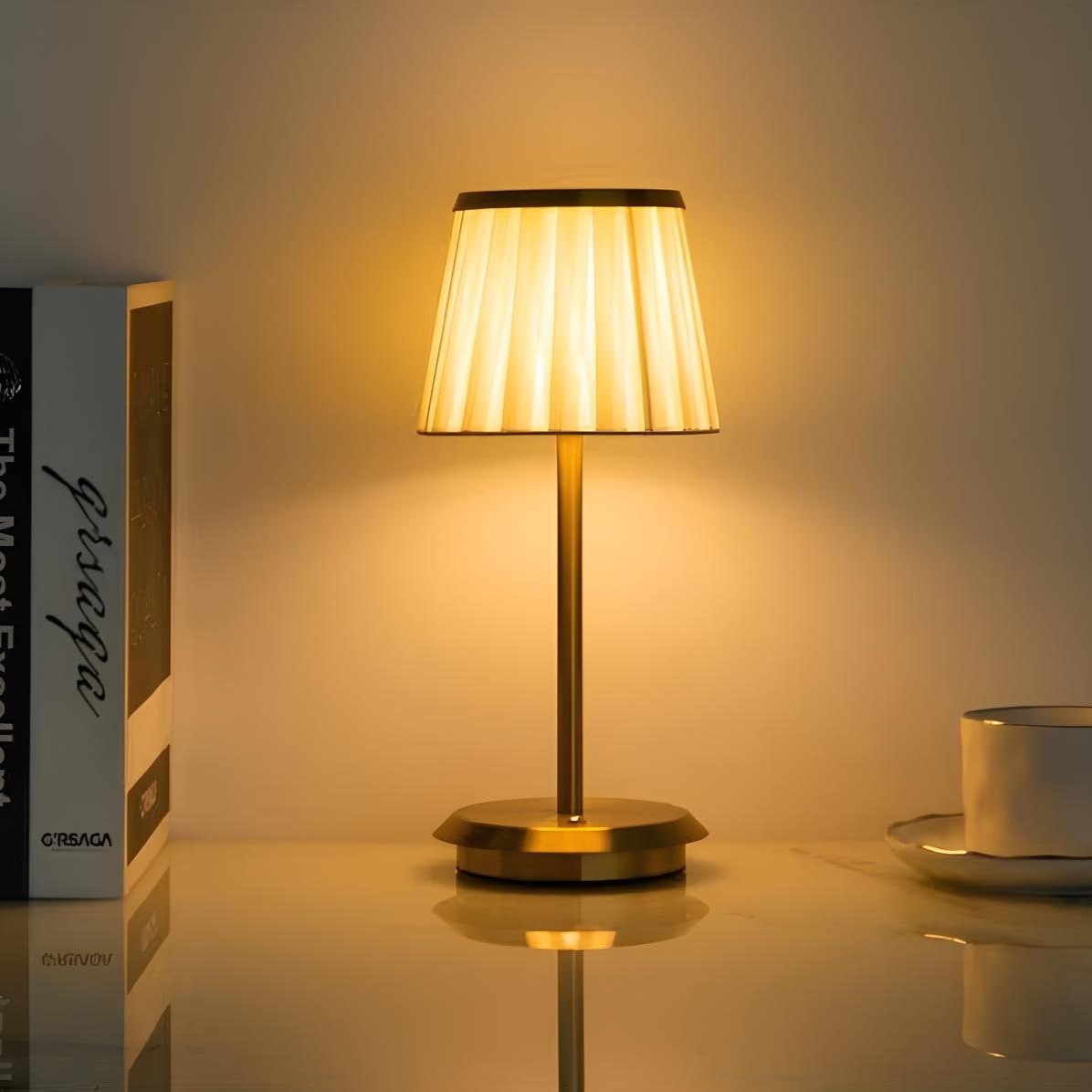 Cordless pleated fabric table lamp with elegant iron base and rechargeable LED lighting 15