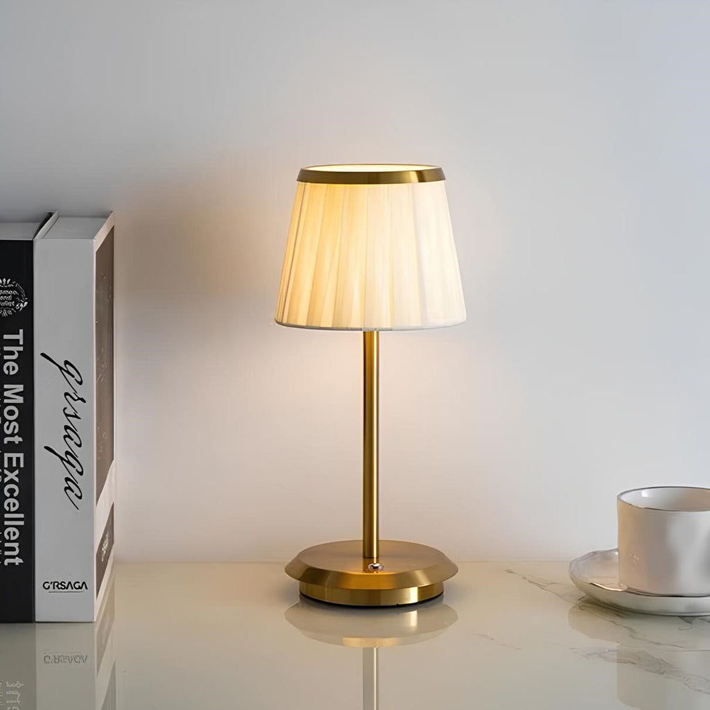 Cordless pleated fabric table lamp with elegant iron base and rechargeable LED lighting 16
