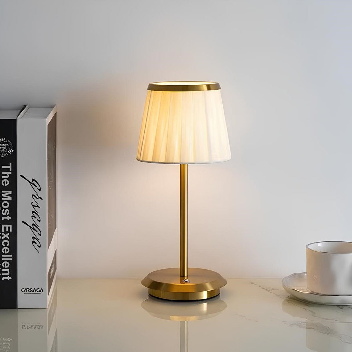 Cordless pleated fabric table lamp with elegant iron base and rechargeable LED lighting 16