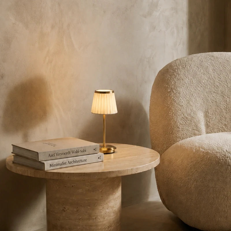 Cordless pleated fabric table lamp with elegant iron base and rechargeable LED lighting 5