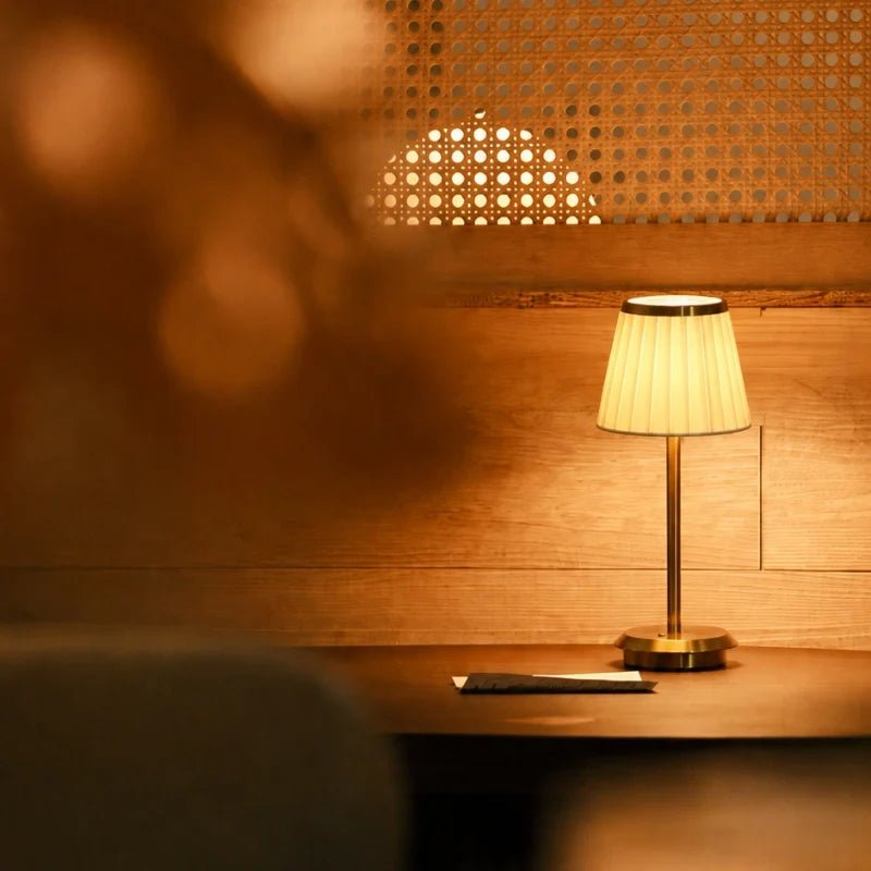 Cordless pleated fabric table lamp with elegant iron base and rechargeable LED lighting 6