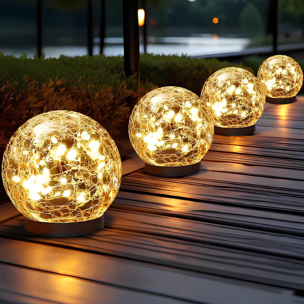 Crackle solar garden orb light with warm white glow and dusk sensor