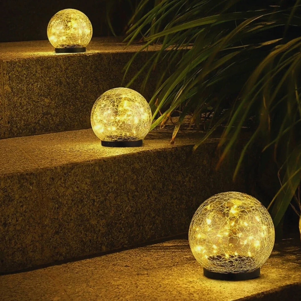 Crackle solar garden orb light with warm white glow and dusk sensor 10