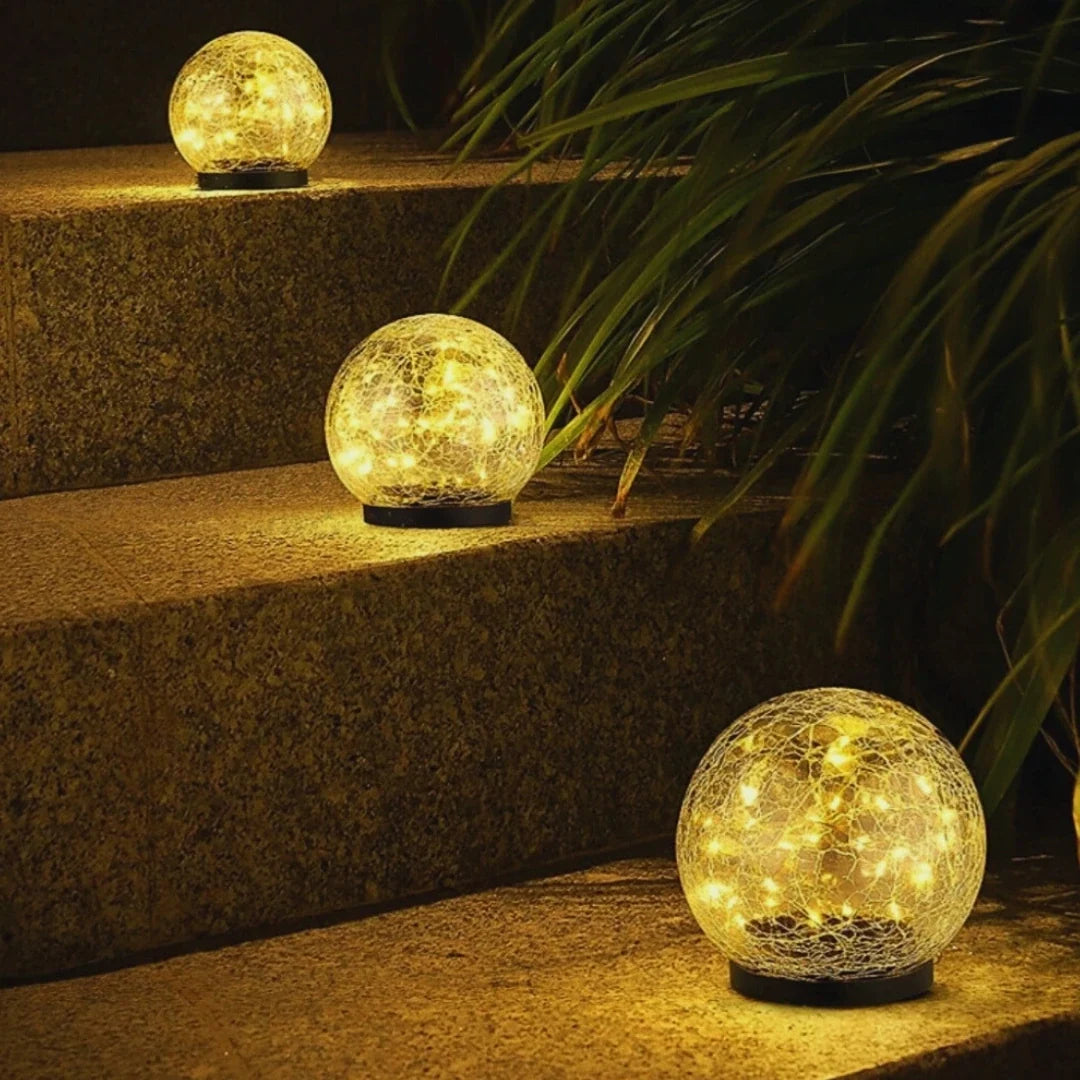 Crackle solar garden orb light with warm white glow and dusk sensor 10