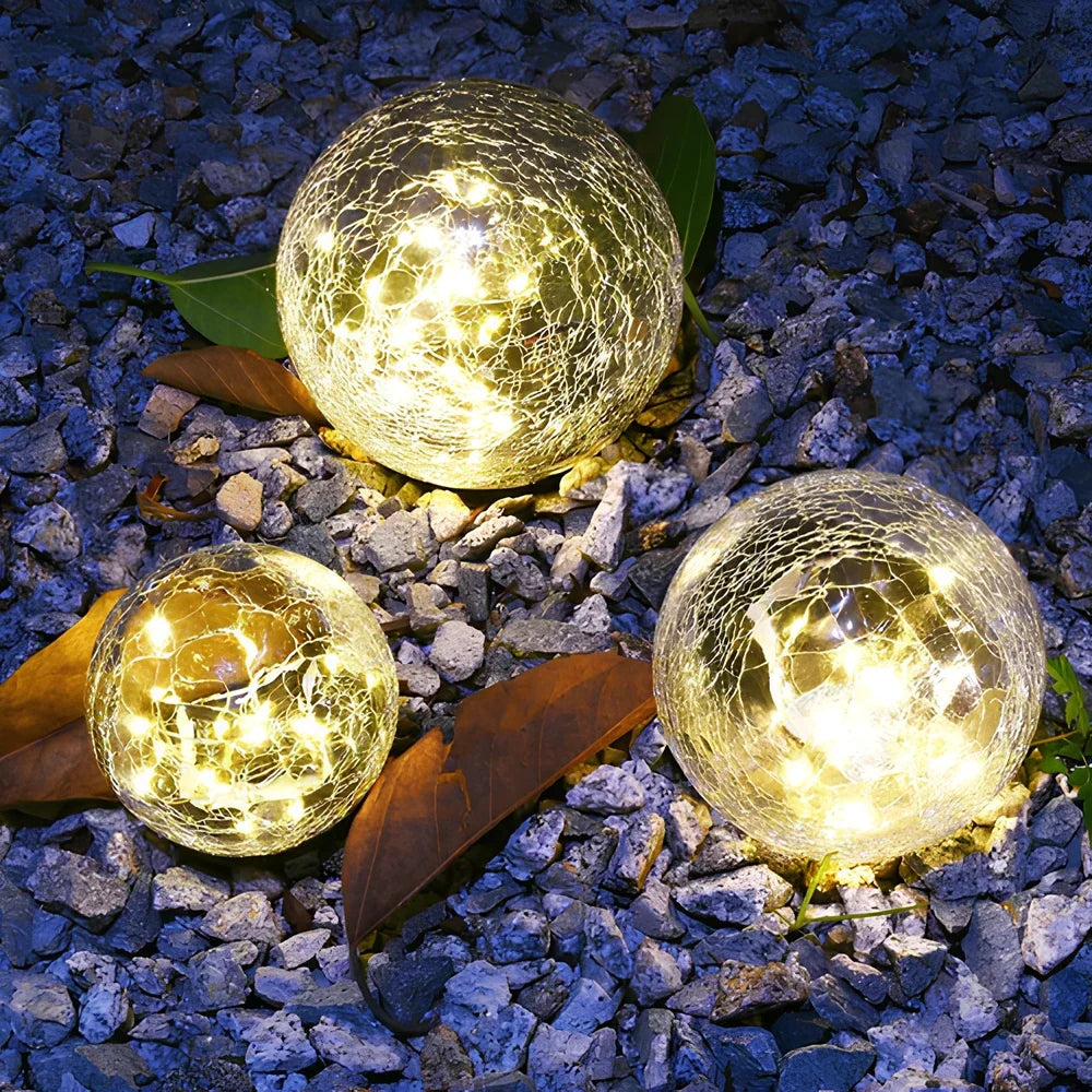 Crackle solar garden orb light with warm white glow and dusk sensor 12