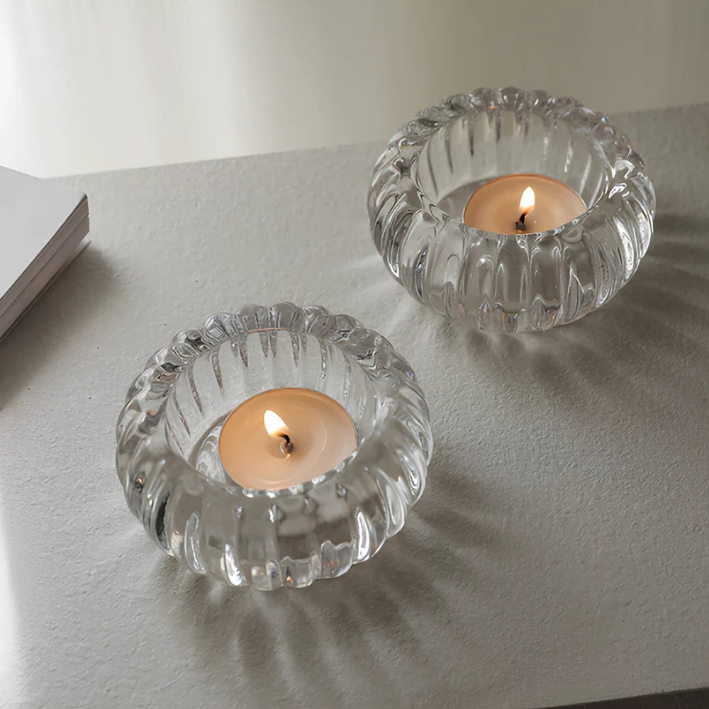 Crystalline GlowRipple candle holder with rippled glass design casting enchanting light reflections 11