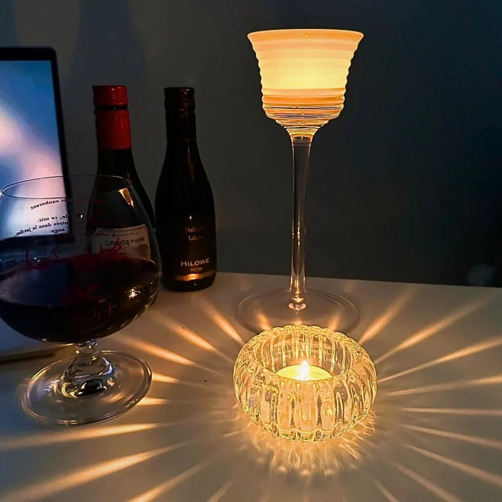 Crystalline GlowRipple candle holder with rippled glass design casting enchanting light reflections 5
