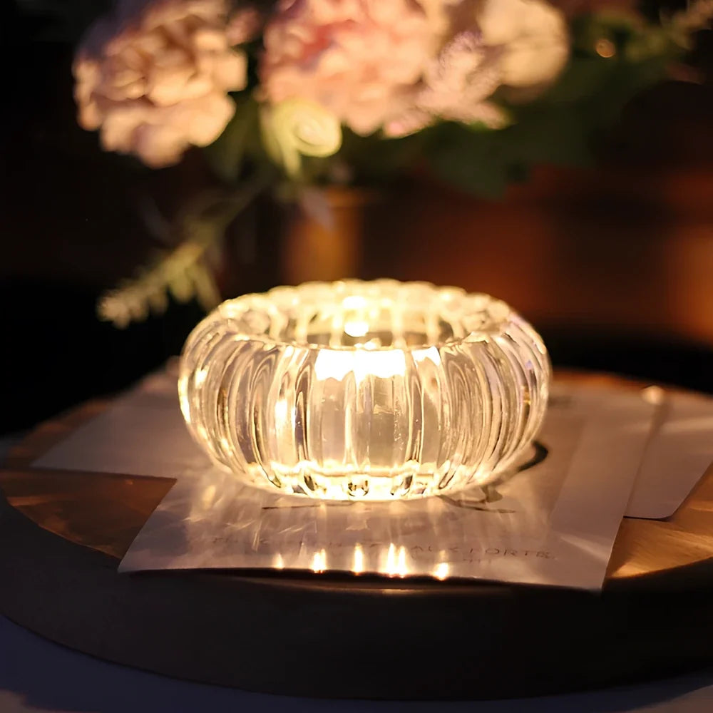 Crystalline GlowRipple candle holder with rippled glass design casting enchanting light reflections 6