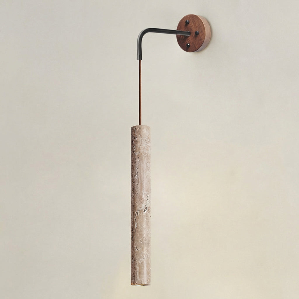 Cylindrical 30cm Travertine Tube Wall Lamp with wooden accent