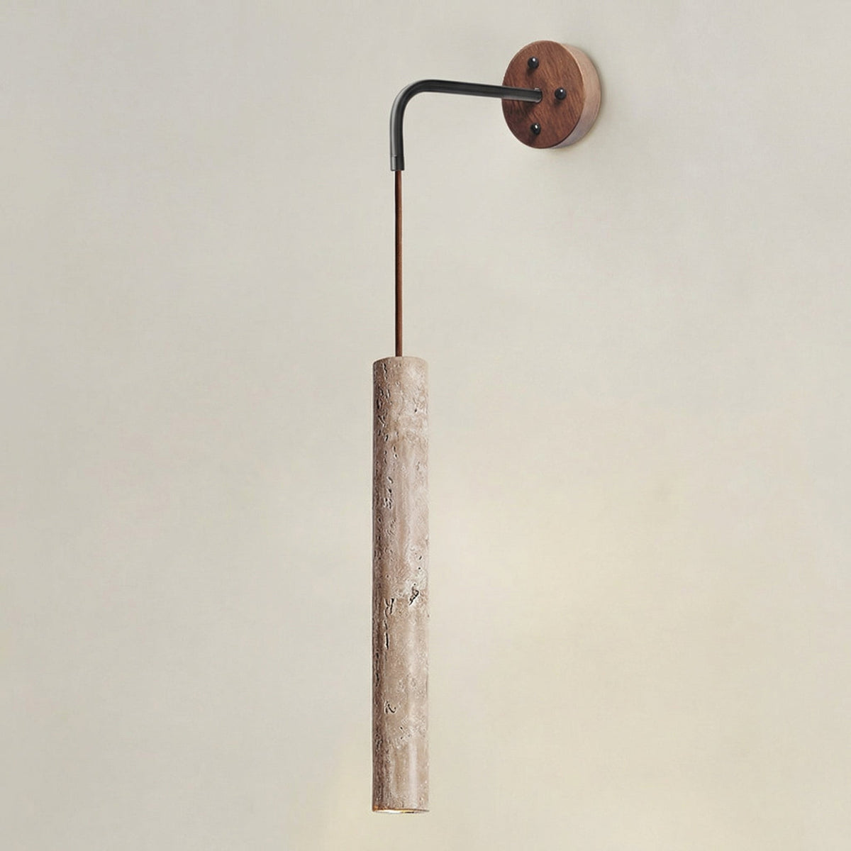 Cylindrical 30cm Travertine Tube Wall Lamp with wooden accent