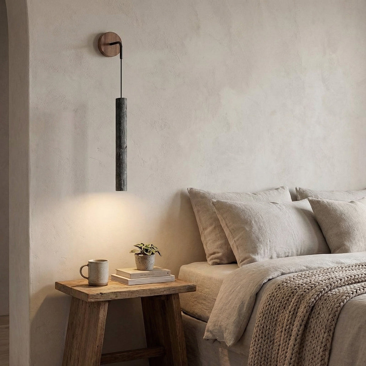 Cylindrical 30cm Travertine Tube Wall Lamp with wooden accent 3