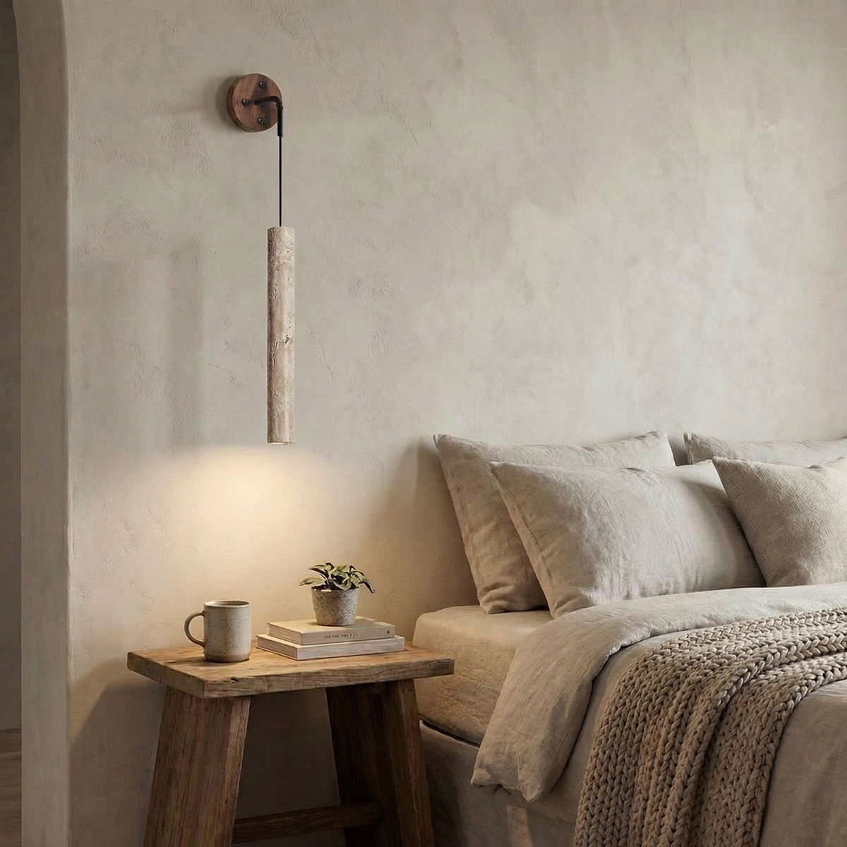 Cylindrical 30cm Travertine Tube Wall Lamp with wooden accent 4