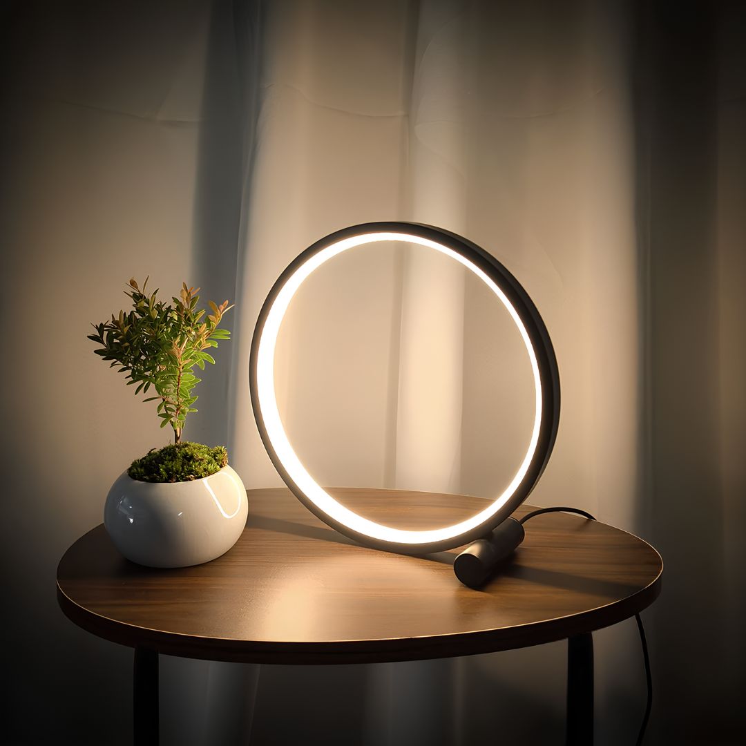 Dimmable Halo Nightstand Lamp with LED ring design, modern minimalist bedroom lighting