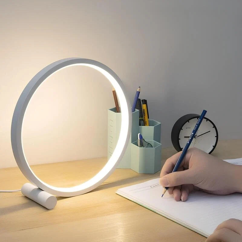 Dimmable Halo Nightstand Lamp with LED ring design, modern minimalist bedroom lighting 10