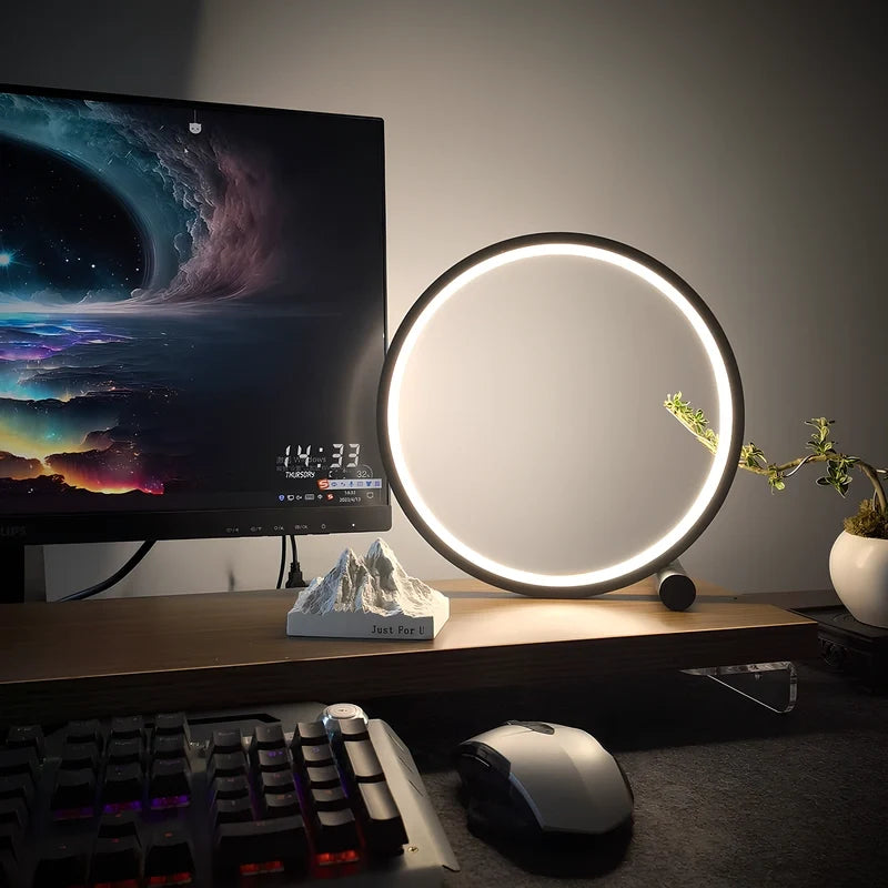 Dimmable Halo Nightstand Lamp with LED ring design, modern minimalist bedroom lighting 11