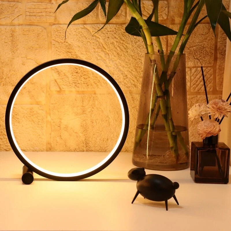 Dimmable Halo Nightstand Lamp with LED ring design, modern minimalist bedroom lighting 12