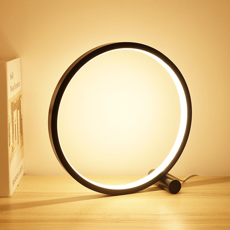Dimmable Halo Nightstand Lamp with LED ring design, modern minimalist bedroom lighting 2