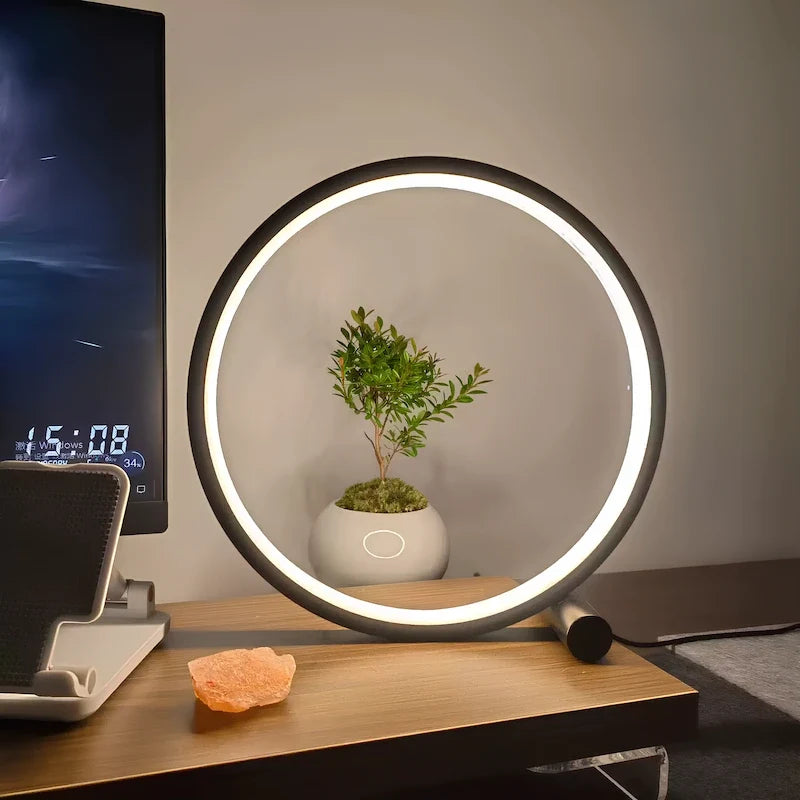 Dimmable Halo Nightstand Lamp with LED ring design, modern minimalist bedroom lighting 3