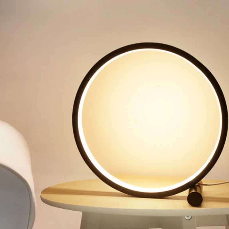 Dimmable Halo Nightstand Lamp with LED ring design, modern minimalist bedroom lighting 6