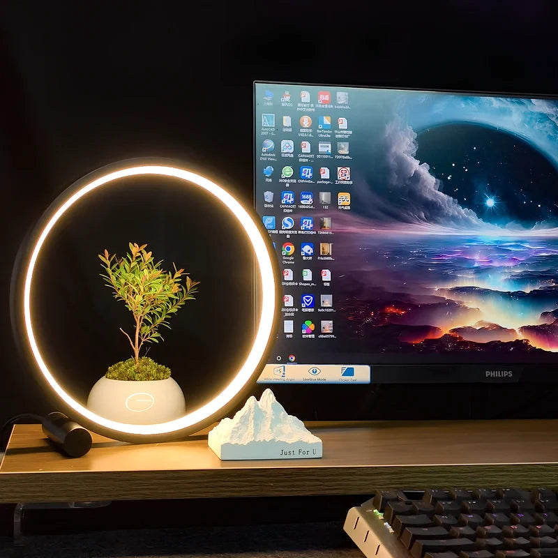 Dimmable Halo Nightstand Lamp with LED ring design, modern minimalist bedroom lighting 7