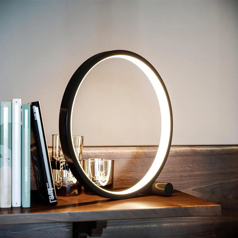 Dimmable Halo Nightstand Lamp with LED ring design, modern minimalist bedroom lighting 8