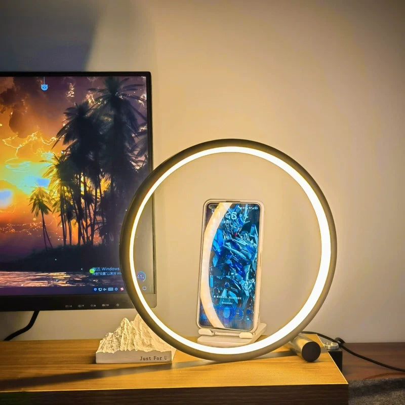 Dimmable Halo Nightstand Lamp with LED ring design, modern minimalist bedroom lighting 9
