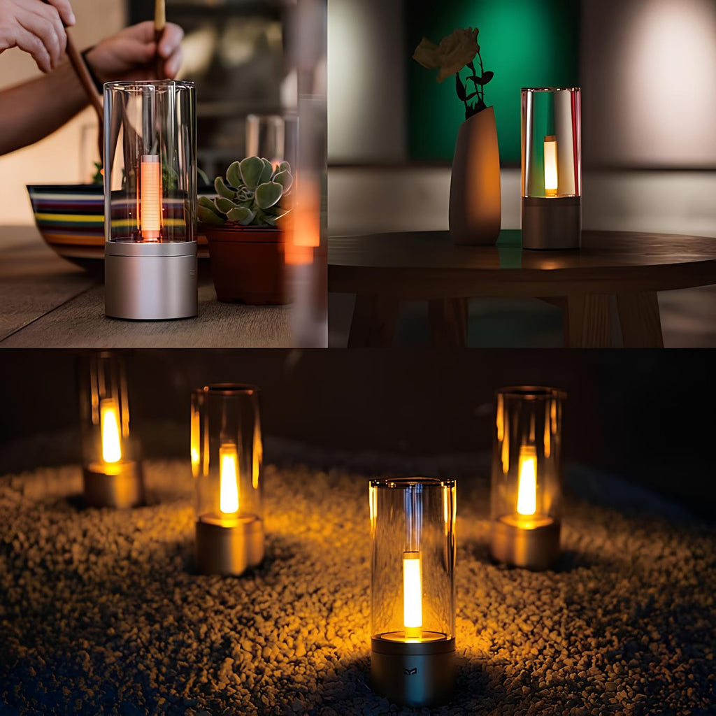 Dimmable cylindrical table lamp with clear glass body and warm white light glow 6