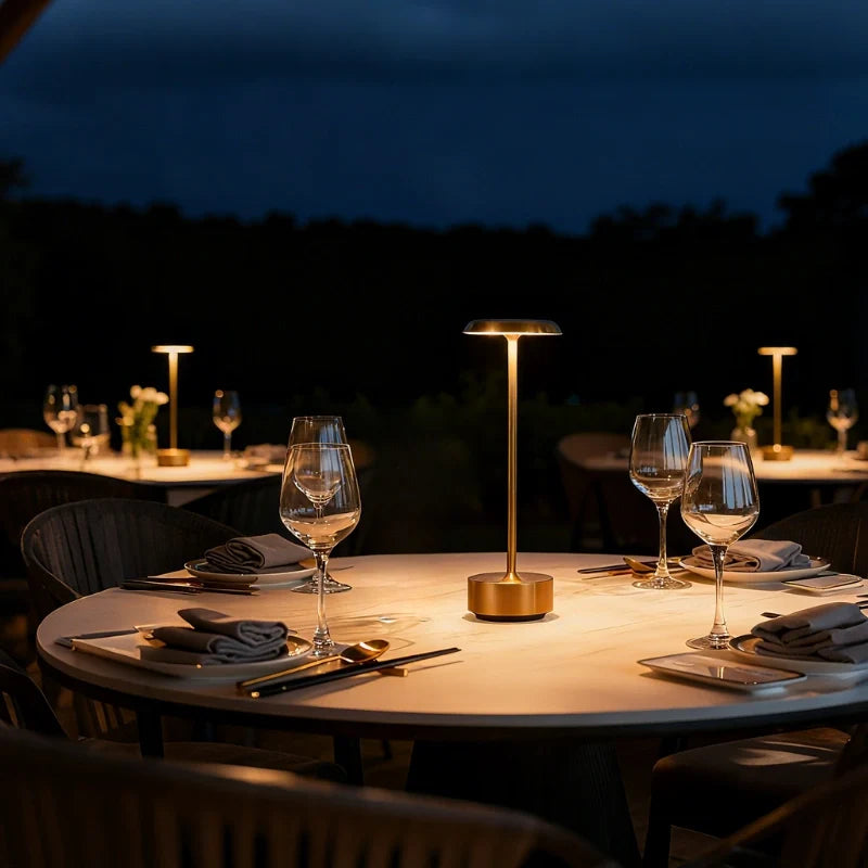 Dimmable Luxora table lamp with sleek disc head and cylindrical aluminium base, modern minimalist design