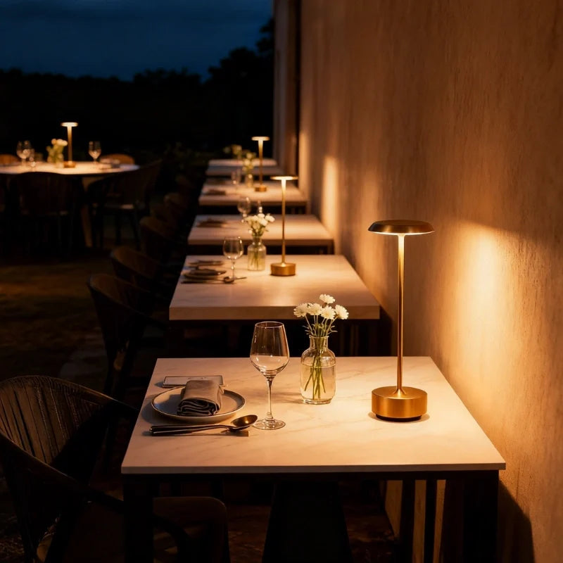 Dimmable Luxora table lamp with sleek disc head and cylindrical aluminium base, modern minimalist design 2