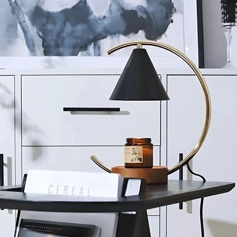 Dimmable Moonveil wax warmer lamp with natural wood base, arched iron frame, and warm white dimmable light 13